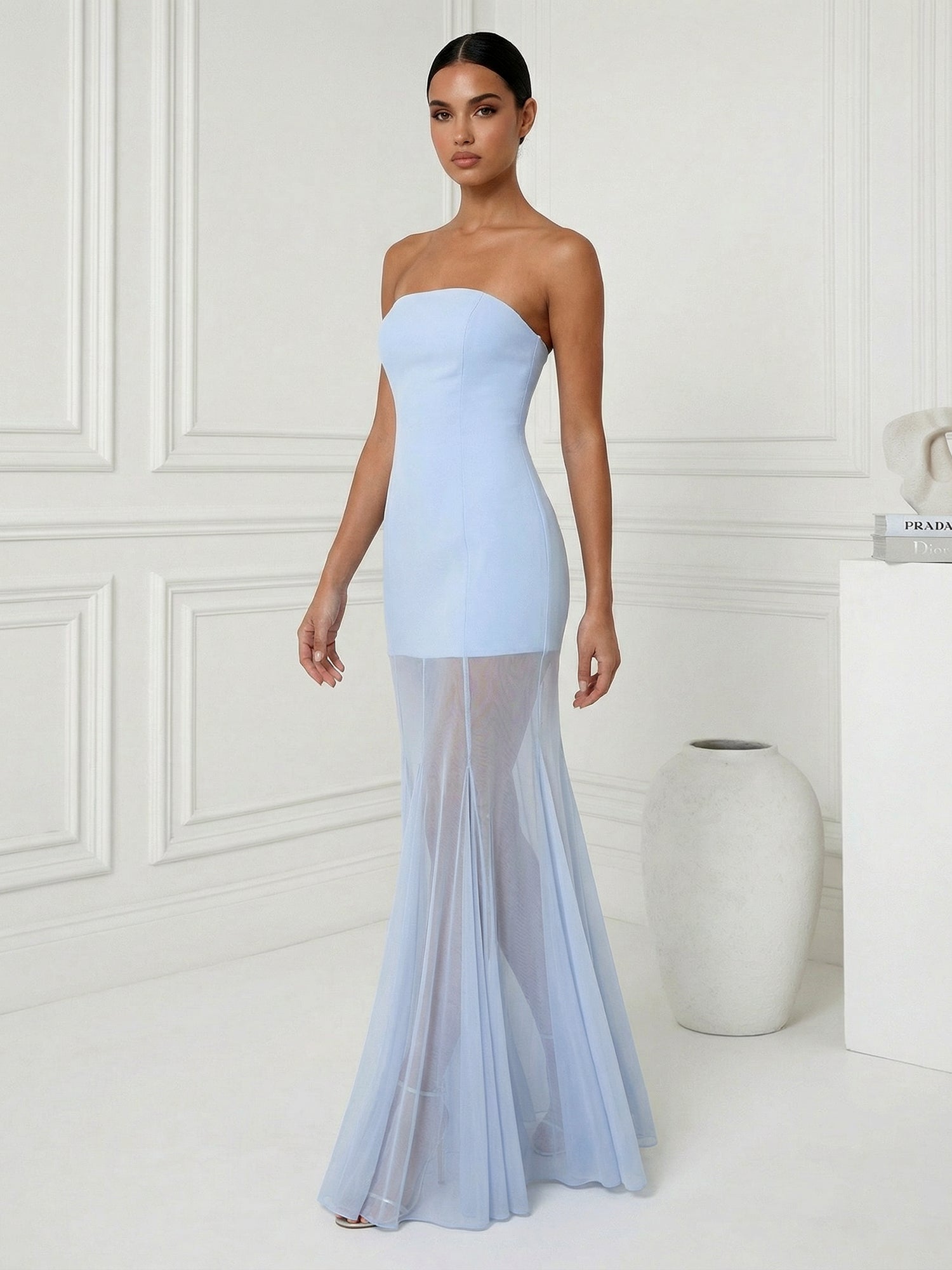 Light Blue Strapless Mermaid Chiffon Maxi Dress with Pleat