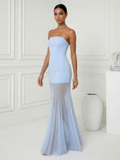 Light Blue Strapless Mermaid Chiffon Maxi Dress with Pleat