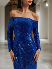 Royal Blue Sequin Dress Off The Shoulder Long Sleeve Mermaid Gown