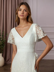 White A-Line V-Neck Lace Wedding Dress