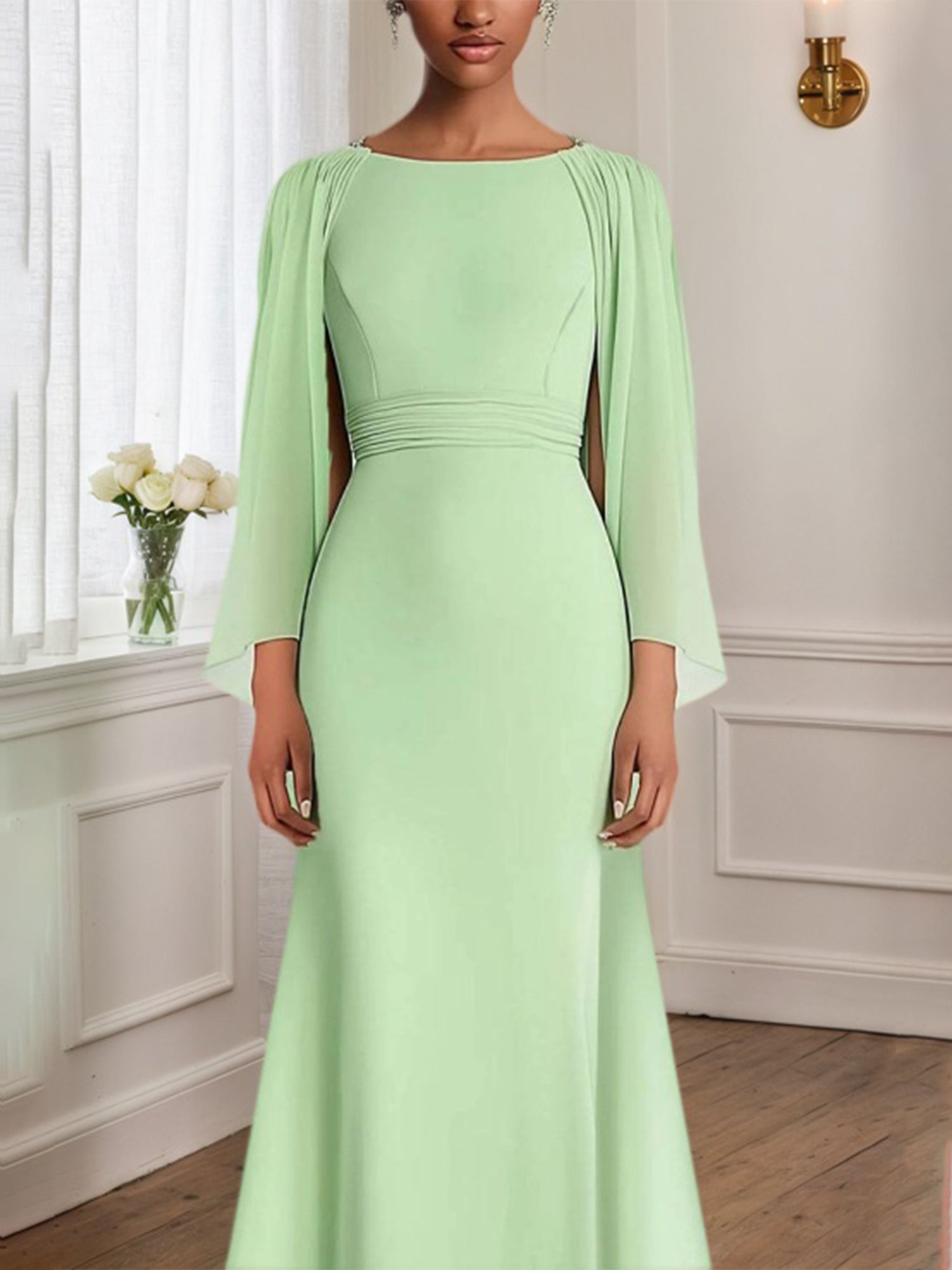 Wedding Guest Dresses Sage Green Chiffon Cape Maxi Mother of Bride Dresses