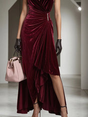 Wine Red Rhinestone Peplum Velvet V Neck Sleeveless A-Line Midi Dress