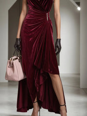 Wine Red Rhinestone Peplum Velvet V Neck Sleeveless A-Line Midi Dress