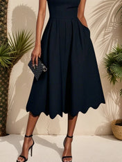 Black Irregular Craftsmanship Classic Square Neck Short Sleeve A-Line Midi Dress