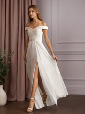 White A-Line Off The Shoulder Sequins Chiffon Wedding Dress
