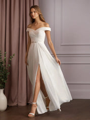White A-Line Off The Shoulder Sequins Chiffon Wedding Dress