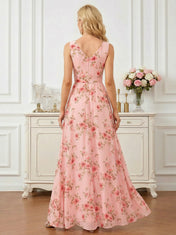 Floral Print V-Neck Sleeveless A-Line Mother of the Bride Dress with Slit