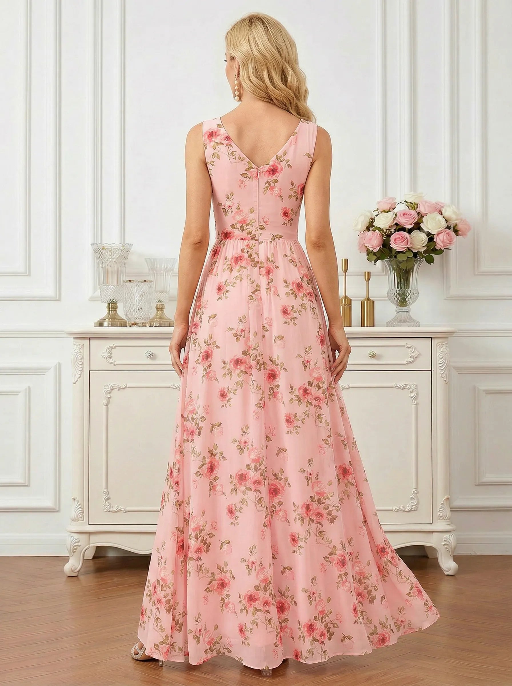 Floral Print V-Neck Sleeveless A-Line Mother of the Bride Dress with Slit