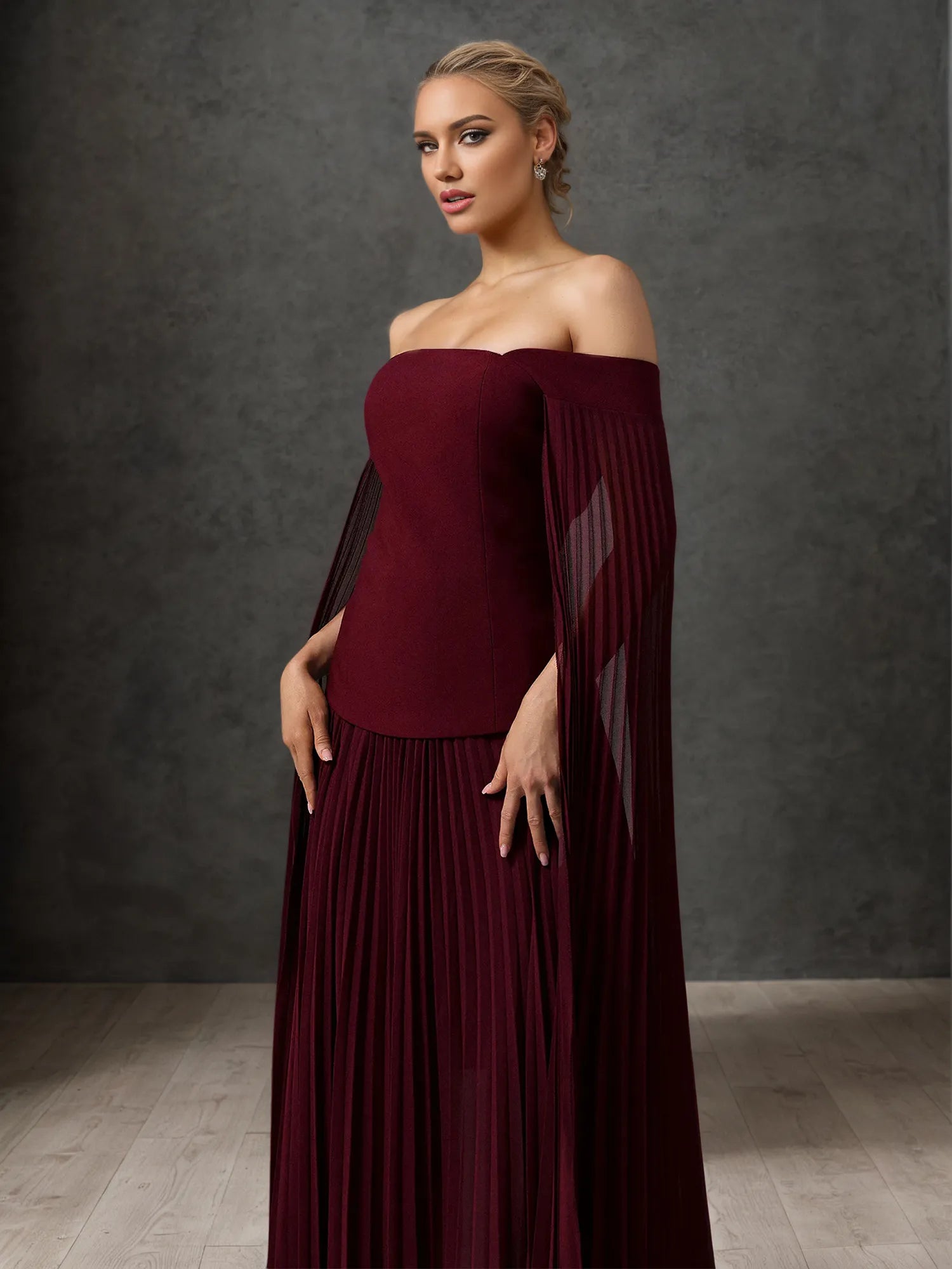 Off-Shoulder Cape Sleeve Pleated Maxi Gown Formal Evening Dress