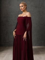 Off-Shoulder Cape Sleeve Pleated Maxi Gown Formal Evening Dress