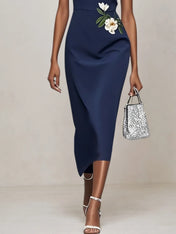 Purplish Blue Embroidery Applique Sheath Midi Dress