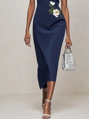 Purplish Blue Embroidery Applique Sheath Midi Dress