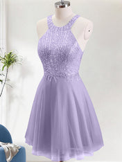 Sparkly A Line Neck Holder Short Homecoming Dress with Lace Applique