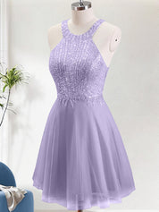 Sparkly Purple A Line Neck Holder Short Homecoming Dress with Lace Applique