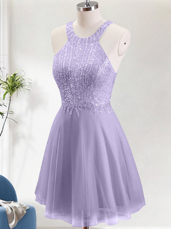 Sparkly Purple A Line Neck Holder Short Homecoming Dress with Lace Applique