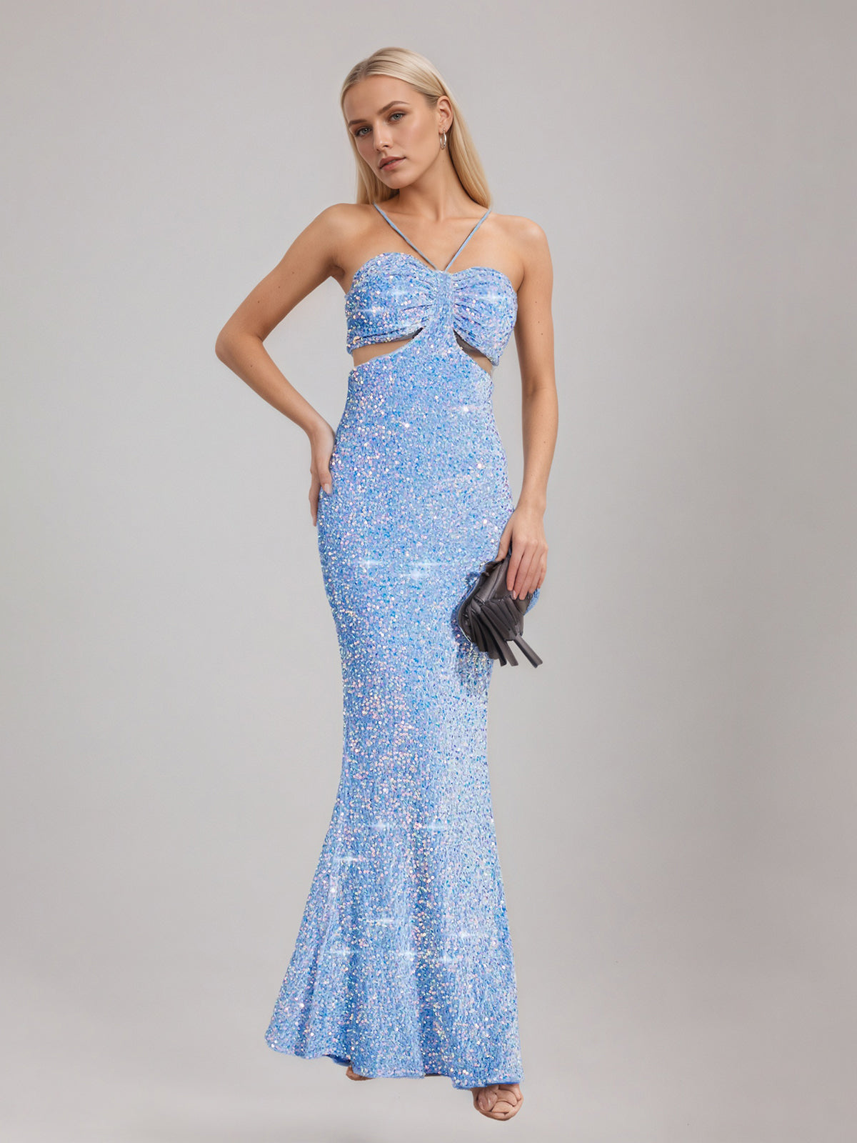 Blue Sequins Halter Dress
