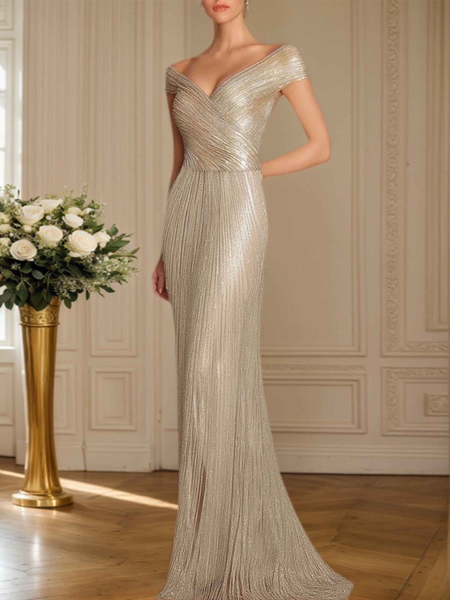 Dreamylily Women Evening Formal Dress Gold Sequin Off-The-Shoulder Maxi