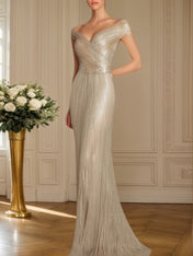 Evening Formal Dress Gold Sequin Off-The-Shoulder Maxi Gown