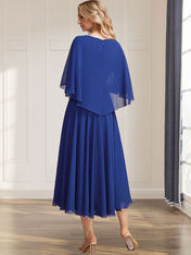 A-line V-Neck Tea-Length Chiffon Mother of the Bride Dress With Pleated Sequins Appliques Lace Beadind