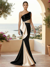 One Shoulder Mermaid Satin Pleat Evening Dresses with Bow