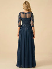 A-Line Scoop Neck 3/4 Sleeve Chiffon Mother of the Bride Gown
