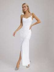 White Floral Ruched Slip Maxi Dress