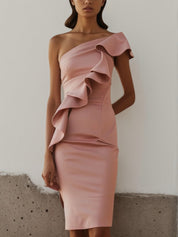 Pink One-Shoulder Ruffled Sheath Midi Dress