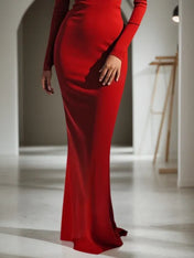 Red 3D Floral Long Sleeve Sheath Maxi Dress
