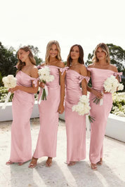 Off-Shoulder Sheath Pleated Satin Sky Blue Long Bridesmaid Dress