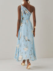 Light Blue Floral Ruched Chiffon One Shoulder Sleeveless A Line Maxi Dress
