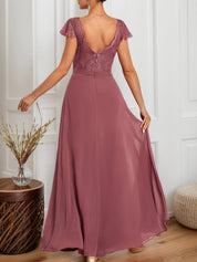 Watermelon Red Lace V Neck Short Sleeve A-Line Maxi Dress
