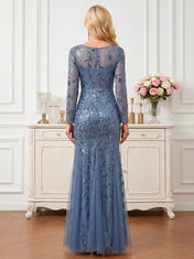 Sequin Leaf Embroidered Long Sleeve Mermaid Mother of the Bride Dress Maxi Dress