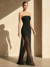 Strapless Maxi Dresses with Tulle Mermaid Black Formal Dress