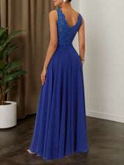 Blue Sequin Lace Chiffon V Neck Sleeveless A-Line Maxi Dress
