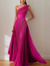 Prom Formal Pleated Dress Rose Color One-Shoulder Maxi Dress