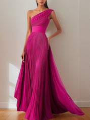 Prom Formal Pleated Dress Rose Color One-Shoulder Maxi Dress