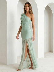 Sage Green One Shoulder Maxi Dress Prom Dress with 3D Flower