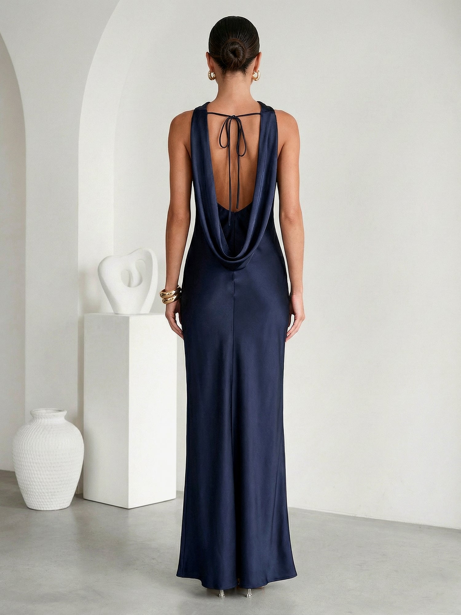 Navy Blue Scoop Neck Mermaid Satin Maxi Dress with Cape