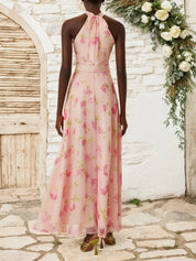 Pink Floral Chiffon Halter Sleeveless A-Line Maxi Dress