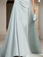 Formal Wedding Guest Dress Blue Strapless Sleeveless Maxi Satin Dress