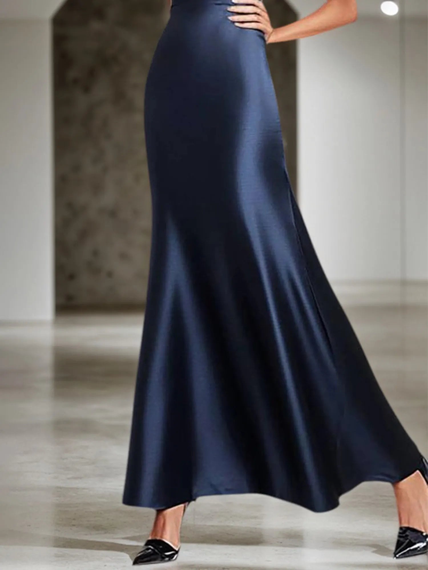 Party Satin Dress Navy V-neck Sleeveless Basic Maxi Dress