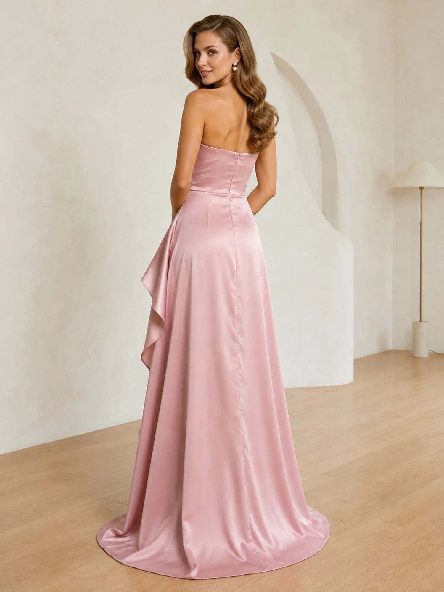 Formal Evening Dress Blush Strapless Ruffle Maxi Dress Gown
