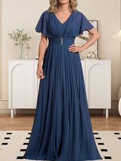 A-line V-Neck Floor-Length Chiffon Mother of the Bride Dress With Crystal Brooch Pleated