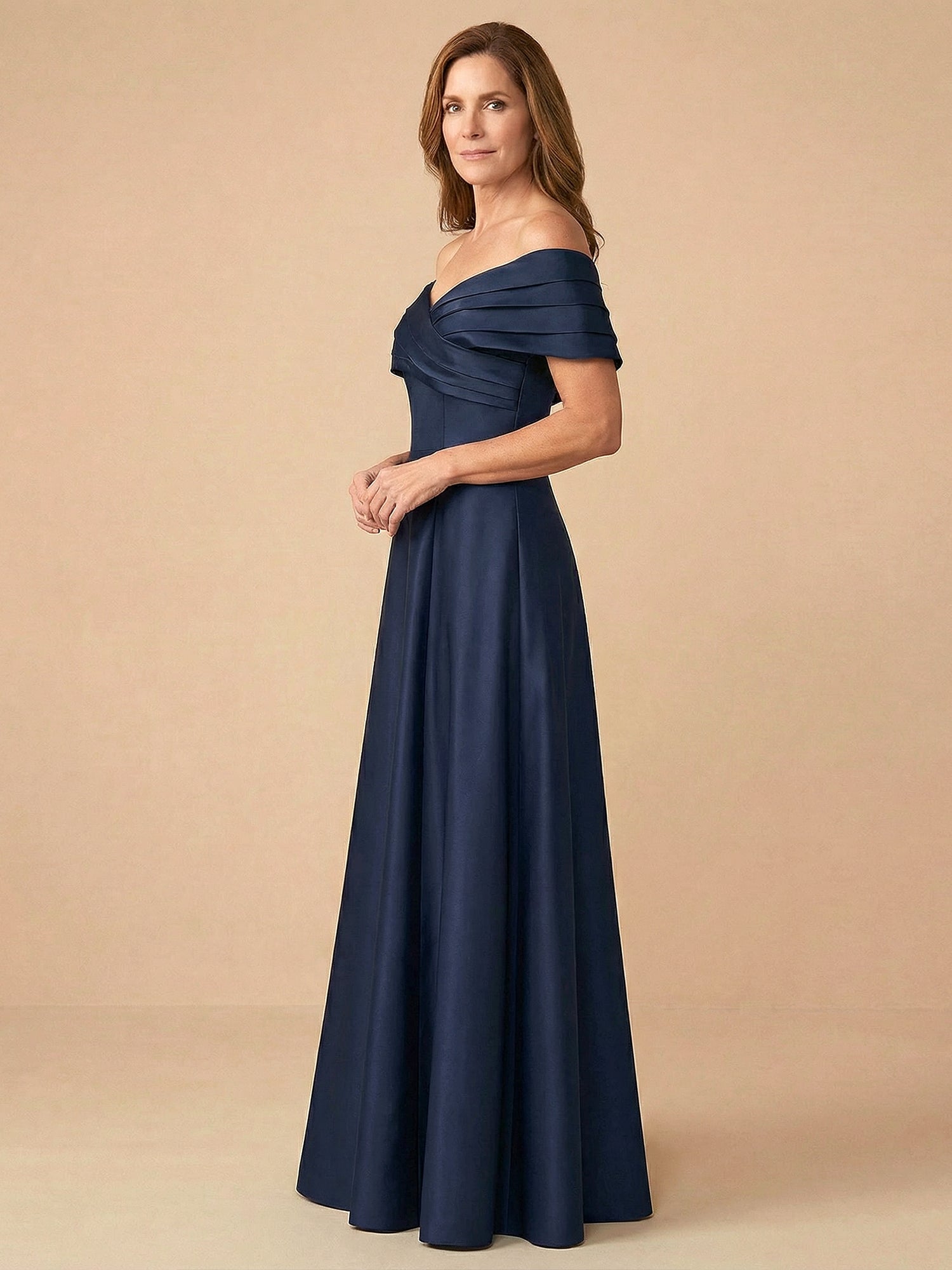Off the Shoulder V Neck Satin Mother of the Bride Dress with Pleat