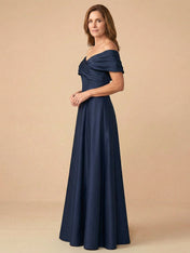 Off the Shoulder V Neck Satin Mother of the Bride Dress with Pleat