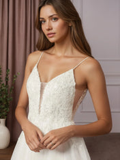 White A-Line V-Neck Sequins Sleeveless Tulle Sleeveless Dress