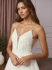 White A-Line V-Neck Sequins Sleeveless Tulle Sleeveless Dress