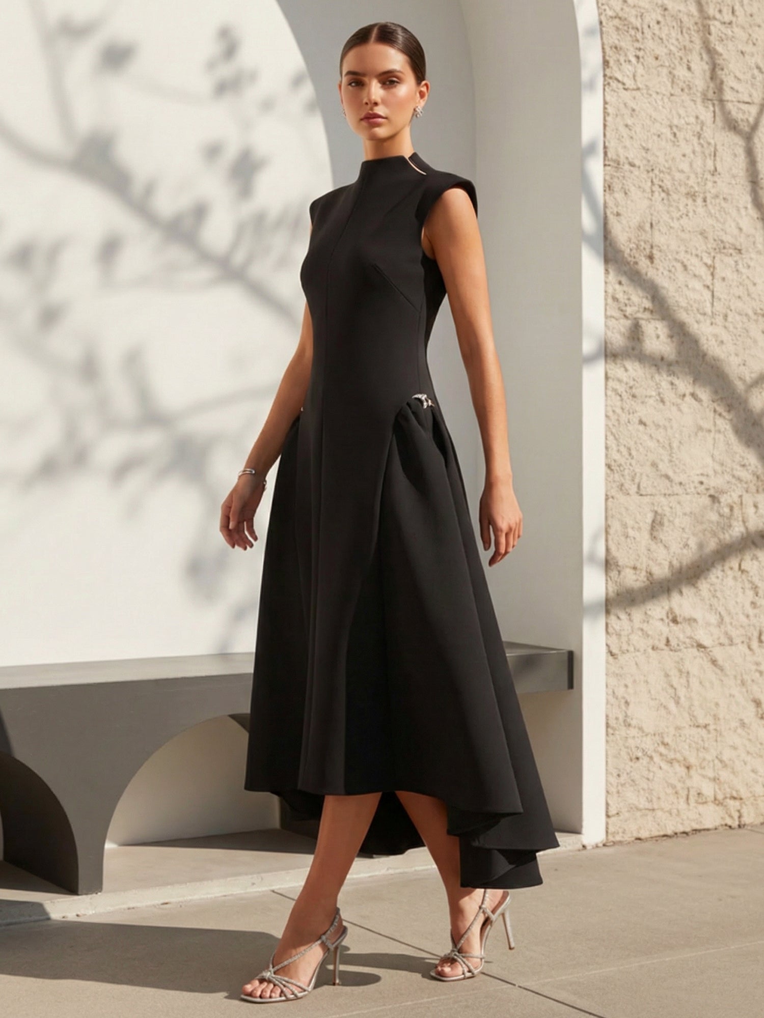 Black O Neck High Low A Line Satin Evening Dress