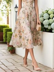 Beige Ruched Floral Chiffon V Neck Sleeveless A-Line Midi Dress
