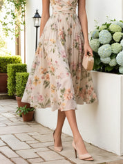 Beige Ruched Floral Chiffon V Neck Sleeveless A-Line Midi Dress